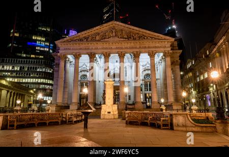 London. UK-01.27.2024. The facade and entrance of The Royal Exchange building at night time. Stock Photo