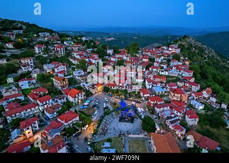 Aerial view of Spilaio, one of the most beautiful Greek mountainous villages. Grevena, West Macedonia, Greece. Stock Photo