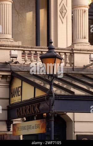 LONDON, UK - JANUARY 27, 2024:  Sign outside Garrick Theatre on Charing Cross Road Stock Photo