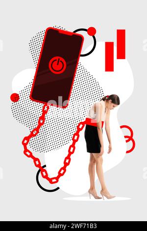 Modern aesthetic artwork. Huge red telephone with Turn Off button on screen tied woman to chain who trying to get away from it. Digital detox. Stock Photo