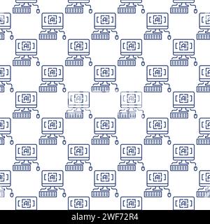 Artificial Intelligence Personal Computer with keyboard and mouse vector concept seamless pattern in outline style Stock Vector