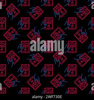 Artificial Intelligence AI Smartphone in Hand vector concept outline dark Seamless Pattern Stock Vector