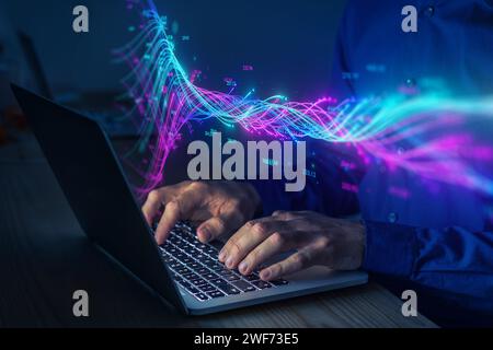 Big data analytics AI technology. Person using neural network and artificial intelligence to analyze complex information. Data flow and pipeline for a Stock Photo