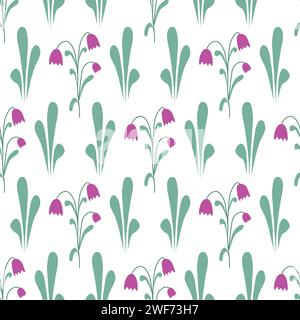 Spring primroses bells seamless pattern. Floral background with hand drawn simple crocuses and herbs. Botanical rustic print for textile, paper Stock Vector