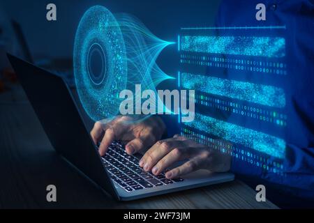 Big data analysis with AI technology. Person using machine learning and deep learning neural network for data science, data mining, business analytics Stock Photo