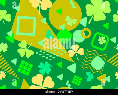 Geometric seamless pattern with clover in 80s style. Green four-leaf clover for St. Patrick's Day. Clover is a symbol of good luck. Design for promoti Stock Vector