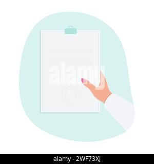 Hand of man in medical gown holds white tablet with lined sheet and round seal, prescription form or medical tests. Stock Vector
