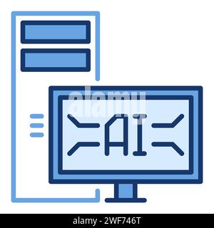 Desktop Computer with Artificial Intelligence Technology vector AI concept colored icon or symbol in thin line style Stock Vector