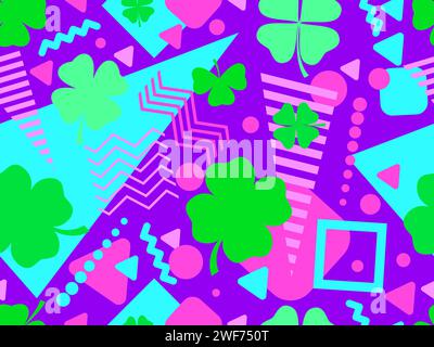 Geometric seamless pattern with clover in 80s style. Green four-leaf clover for St. Patrick's Day. Clover is a symbol of good luck. Design for promoti Stock Vector