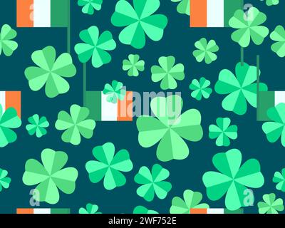 Seamless pattern with Irish flag and clover leaves for St. Patrick's Day. Symbols of the Irish holiday. Festive design for wallpaper, banner and cover Stock Vector
