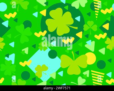 Geometric seamless pattern with clover in 80s style. Green four-leaf clover for St. Patrick's Day. Clover is a symbol of good luck. Design for promoti Stock Vector