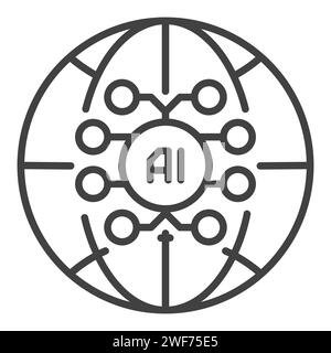 AI Brain inside Earth Globe vector Artificial Intelligence concept outline icon or symbol Stock Vector