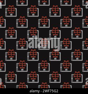 AI Brain on Tablet Screen vector Artificial Intelligence concept thin line dark Seamless Pattern Stock Vector