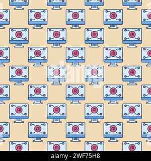 AI technology on PC Screen vector Artificial Intelligence Computer concept colored seamless pattern in outline style Stock Vector