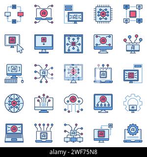 Artificial Intelligence Computer colored icons set. AI PC Technology concept creative signs collection Stock Vector