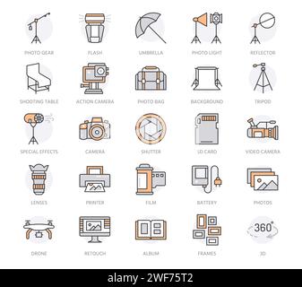 Photography equipment flat line icons. Digital camera, photos, lighting, video cameras, photo accessories, memory card, tripod. Vector illustration Stock Vector
