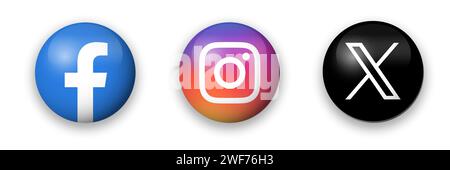 Social media app icon set. Facebook, Instagram and X, former Twitter. Circle glossy button with dropped shadow vector icons. Stock Vector