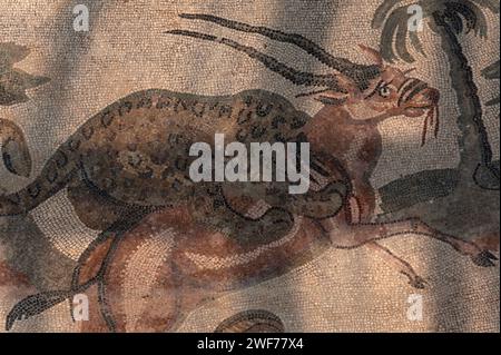 Leopard catches an antelope. Late Roman mosaic in the Corridor of the Great Hunt, Villa Romana del Casale, Piazza Armerina, Sicily, Italy. Stock Photo