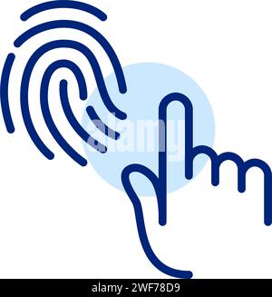 Tapping finger to activate fingerprint recognition technology. Pixel perfect, editable stroke Stock Vector