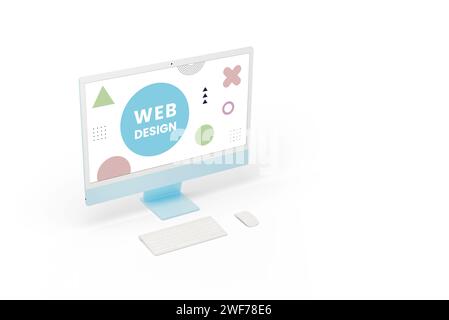 Computer display on a white background, featuring Web Design text with various graphic elements. Minimalistic super clean and modern Stock Photo