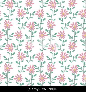 Pink daisies and herbs seamless pattern. Floral background with hand drawn simple floral motif. Botanical flowers print for textile, paper, spring Stock Vector