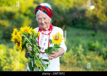 Bouquet of sunflowers in the hands of an elderly old grandmother in an embroidered shirt and red beads. Shows the gesture of victory Independence day Stock Photo