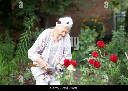 Portrait of a blond gray haired senior woman with an active lifestyle enjoying retirement during work in the garden in a sunny day of summer Stock Photo