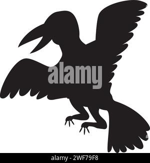Black silhouette flying croaking raven bird body, fairy tale Halloween character. Creepy shadow outline of nocturnal raven scarecrow. Simple black and Stock Vector