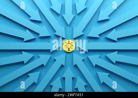To find or generate a creative idea. Innovation and creativity in business. Blue arrows pointing towards the yellow button with light bulb symbol. Stock Photo