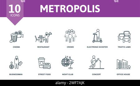 Metropolis set icon. Editable icons metropolis theme such as cinema, crowd, traffic jams and more. Stock Vector