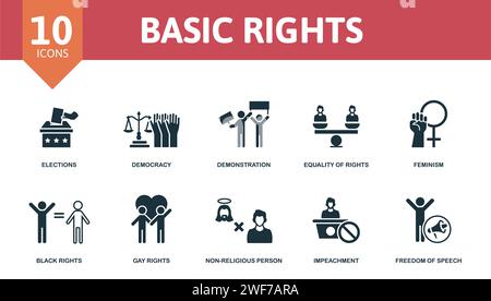 Basic Rights set icon. Editable icons basic rights theme such as elections, demonstration, feminism and more. Stock Vector