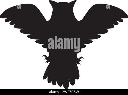 Black silhouette huge flying eagle owl animal body, fairy tale Halloween character. Creepy shadow outline of nocturnal owl scarecrow. Simple black and Stock Vector