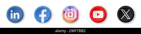 Social media app icon set. LinkedIn, Facebook, Instagram, Youtube and X, former Twitter. Circle shaded button with dropped shadow vector icons. Stock Vector
