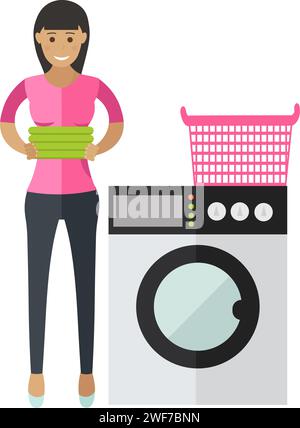 Woman doing laundry vector icon isolated on white Stock Vector