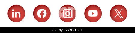 Social media app icon set. LinkedIn, Facebook, Instagram, Youtube and X, former Twitter. Circle button with inner dropped shadow vector icons. Stock Vector