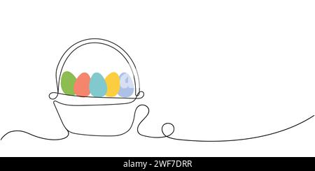 Wicker basket with colorful Easter eggs. Continuous one line drawing. Isolated on white background. With copy space. Minimalist style. Ideal for Easter promotions, greeting cards, holiday banners Stock Vector