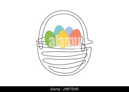 Wicker basket with colorful Easter eggs. Continuous one line drawing. Vector illustration isolated on white background. Minimalist style. Ideal for Easter promotions, greeting cards, holiday banners Stock Vector