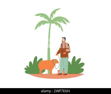 Arabian young man walking with sheep next to a palm tree, flat vector illustration isolated on white background. Stock Vector