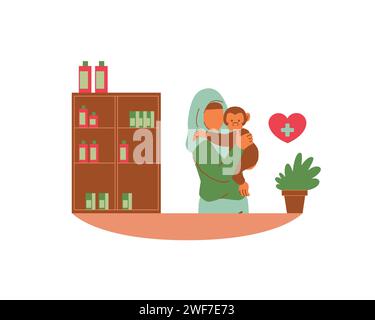 Young muslim vetenerian girl with a little baby monkey in the checking room. Vector design for animal fostering and adoption illustration concept Stock Vector