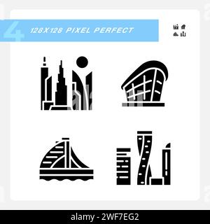 Dubai modern architectural landmarks black glyph icons set on white space Stock Vector