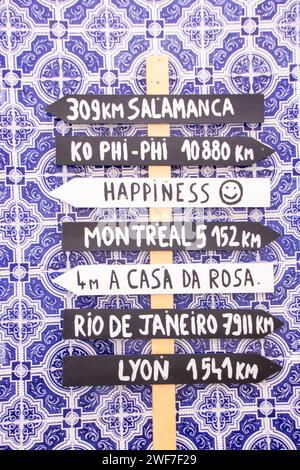 directional signage with funny different directions on a wall in the ...