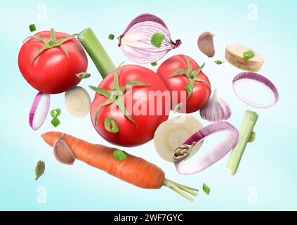 Different fresh vegetables and spices in air on light blue background Stock Photo