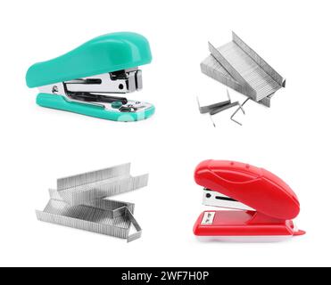 Different colorful staplers and fasteners isolated on white, collection Stock Photo