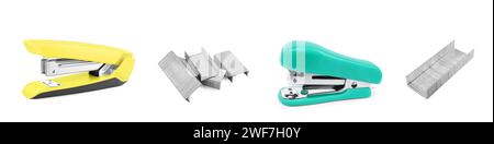 Different colorful staplers and fasteners isolated on white, collection Stock Photo