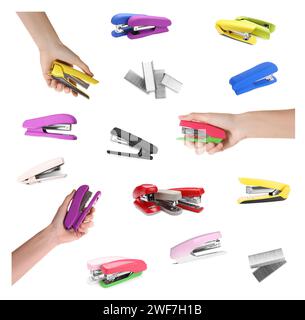 Different colorful staplers and fasteners isolated on white, collection Stock Photo