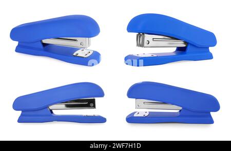 Blue stapler isolated on white, different sides Stock Photo