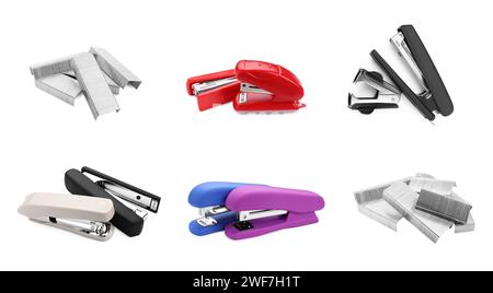 Different colorful staplers and fasteners isolated on white, collection Stock Photo