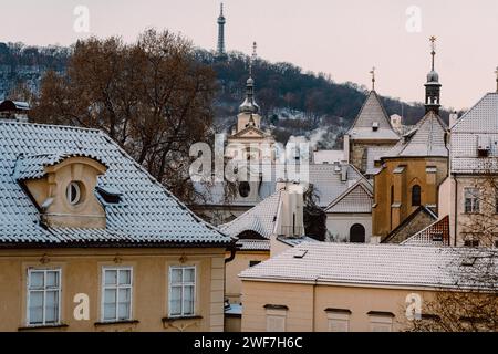 Snowy Prague in winter, no people, morning Stock Photo