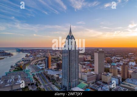 Downtown Mobile, Alabama riverside skyline at sunset Stock Photo