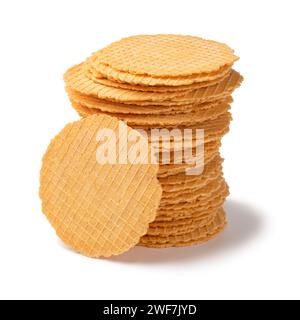 Stack of fresh homemade baked thin cheese waffles isolated on white background close up Stock Photo